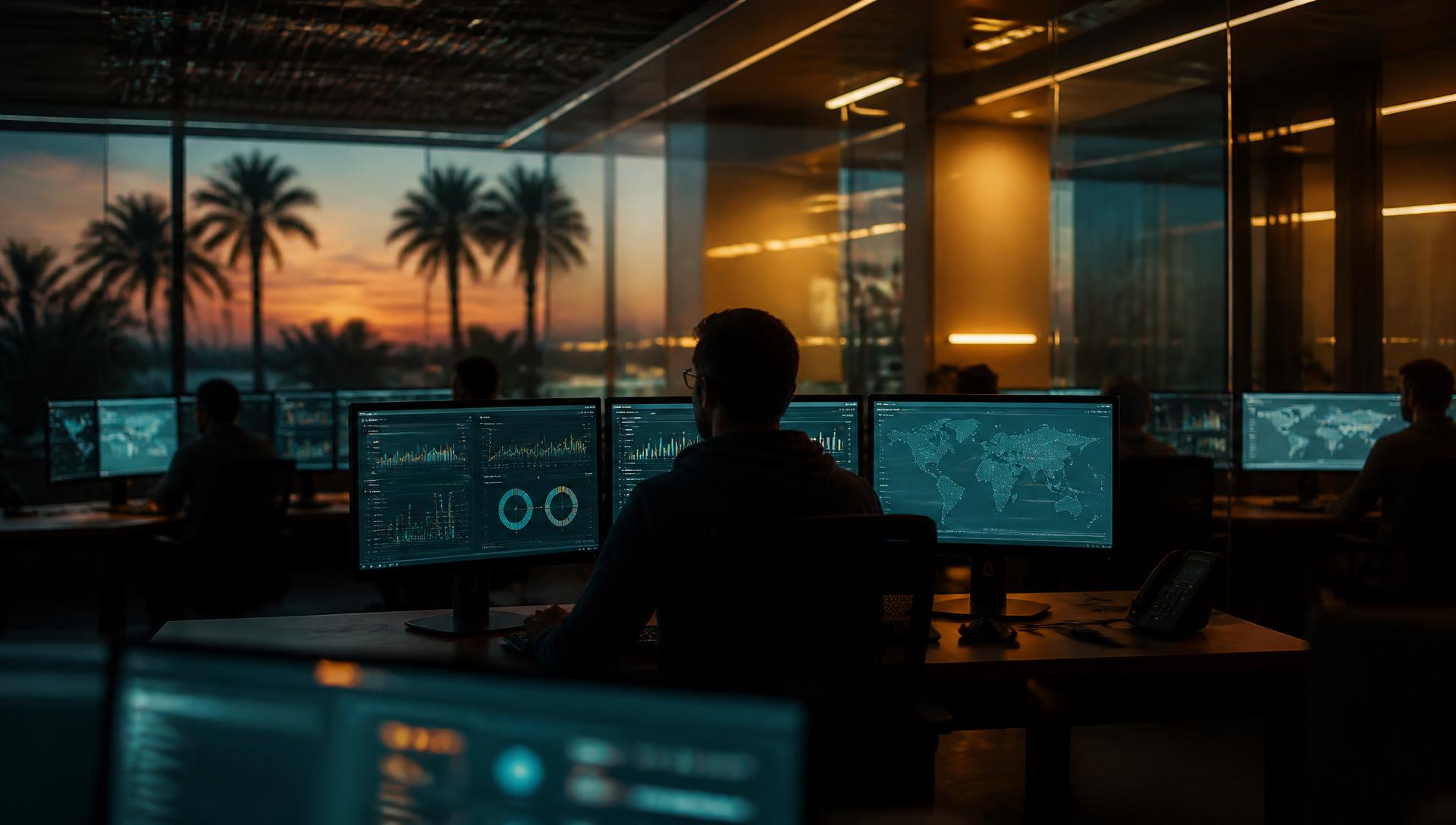 Operations floor with monitors and desk phones
